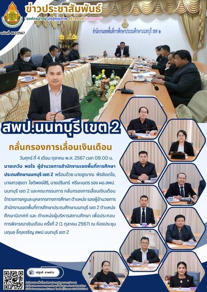 กลั่นกรองการเลื่อนเงินเดือนข้าราชการครูและบุคลากรทางการศึกษา ตำแหน่ง รองผู้อำนวยการสำนักงานเขตพื้นที่การศึกษาประถมศึกษานนทบุรี เขต 2 ตำแหน่งศึกษานิเทศก์ และ ตำแหน่งผู้บริหารสถานศึกษา